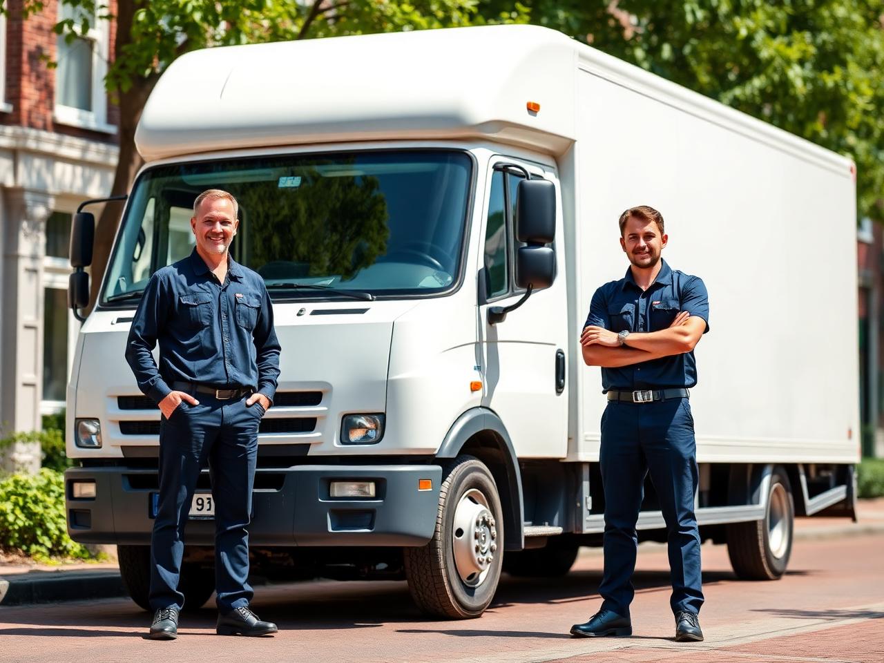 Het team van De Snelle Heren bij hun verhuiswagen